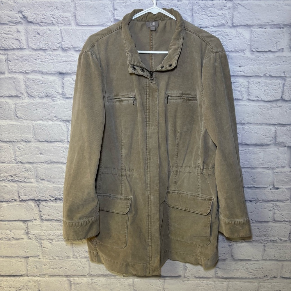 J Jill Corduroy Coat Jacket Women LP Tan Stretch Long Full Zip Outdoor Chore
